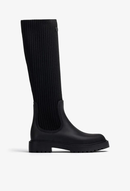 Black Ribbed Knit Knee-High Boots