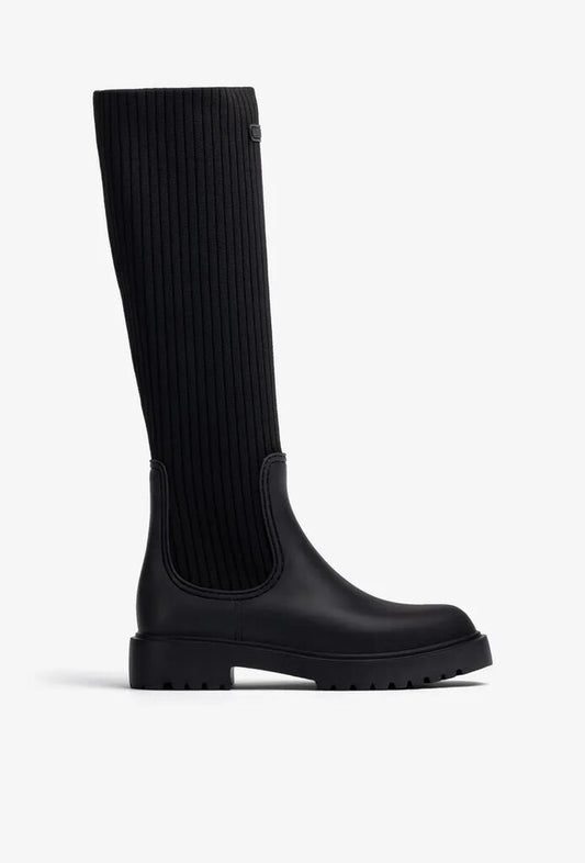 Black Ribbed Knit Knee-High Boots