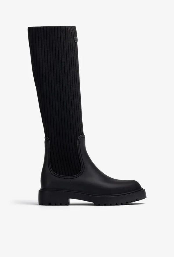 Black Ribbed Knit Knee-High Boots