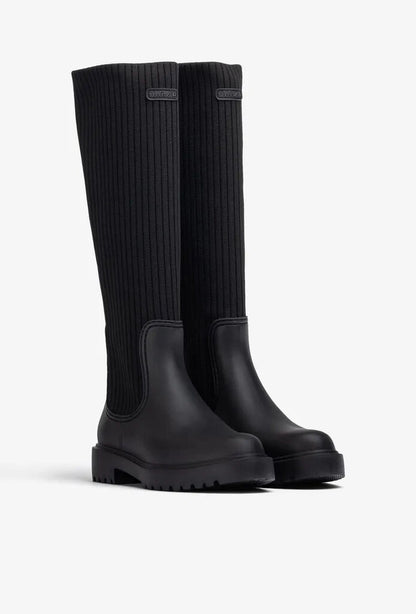 Black Ribbed Knit Knee-High Boots