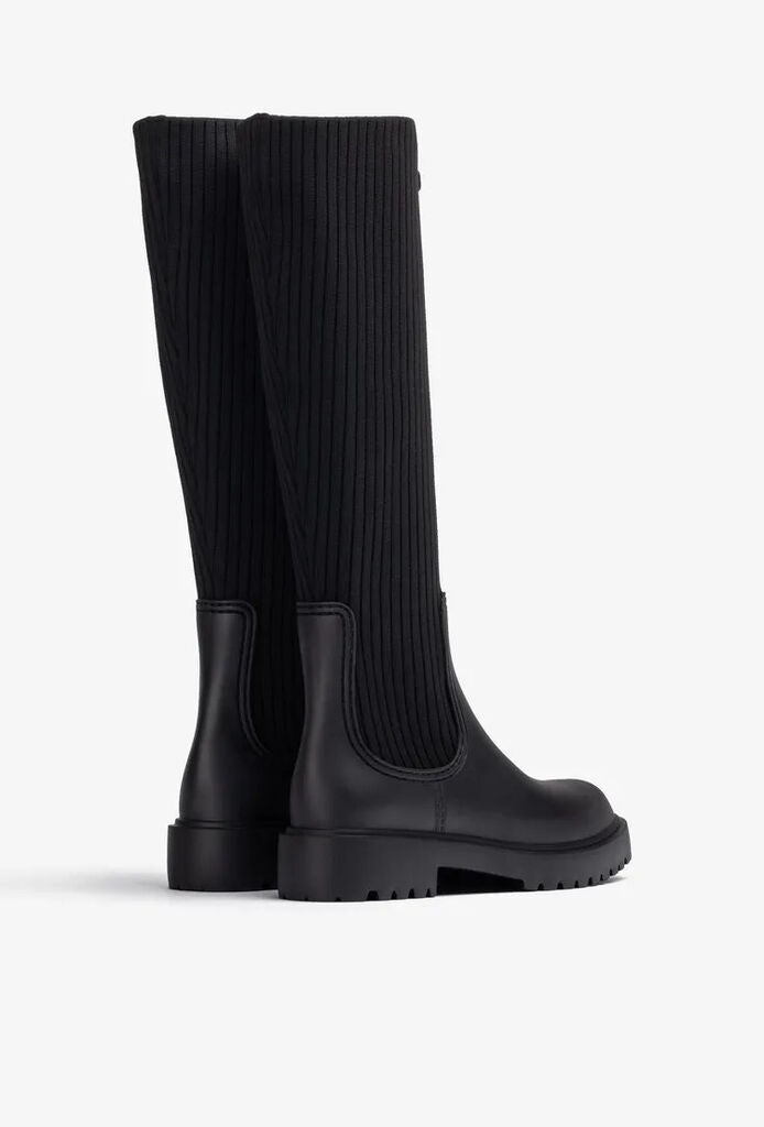 Black Ribbed Knit Knee-High Boots