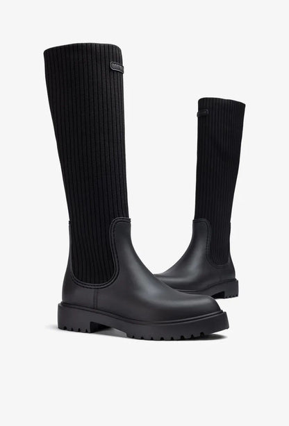 Black Ribbed Knit Knee-High Boots