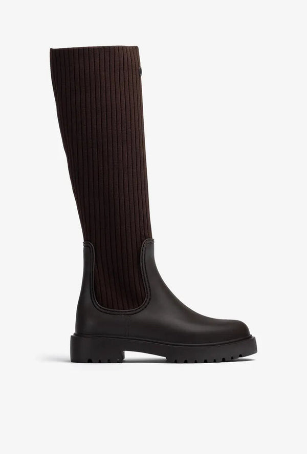 Dark Knit Panel Knee-High Boots
