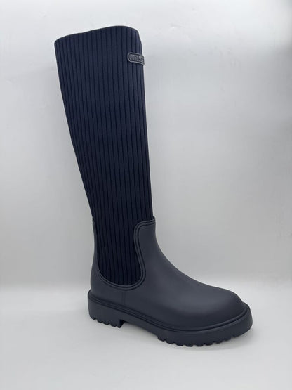 Navy Ribbed Tall Boot with Lug Sole