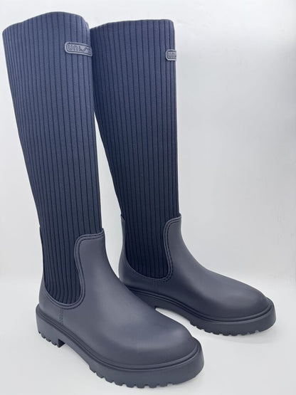 Navy Ribbed Tall Boot with Lug Sole
