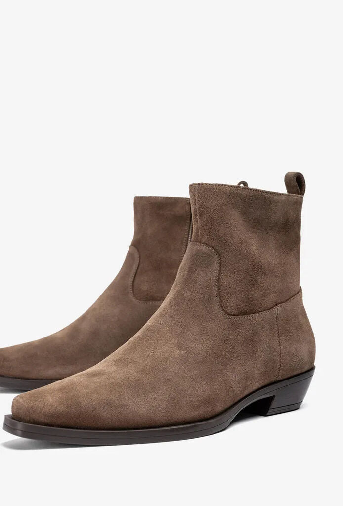 Taupe Suede Ankle Boot with Low Heel
