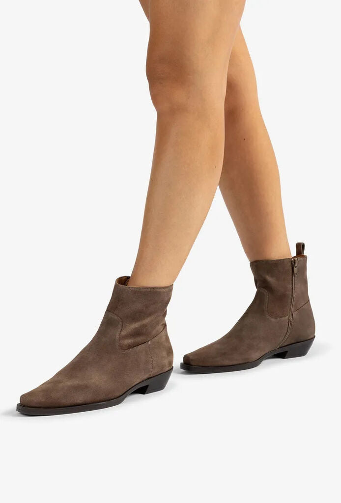 Taupe Suede Ankle Boot with Low Heel