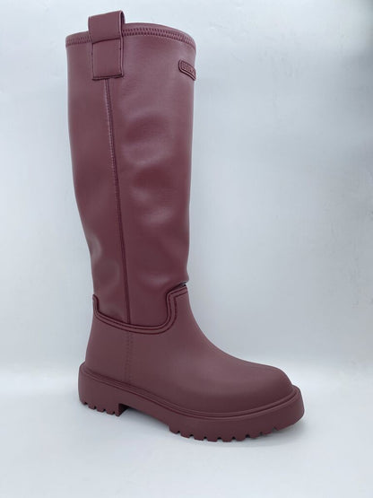 Maroon Knee-High Rubber Boot with Chunky Sole