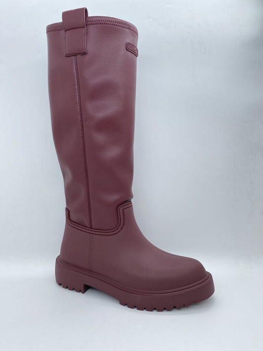 Maroon Knee-High Rubber Boot with Chunky Sole
