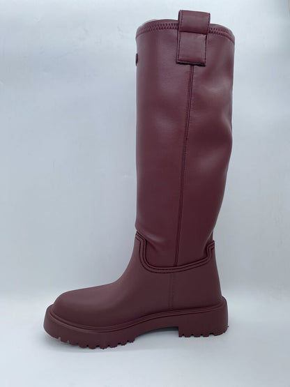 Maroon Knee-High Rubber Boot with Chunky Sole
