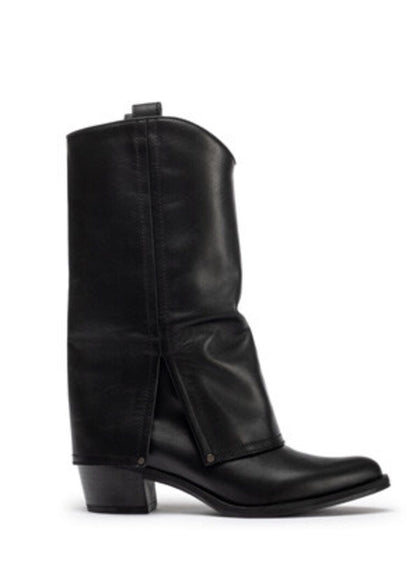 Black Leather Western Boots with Fold-Over Design