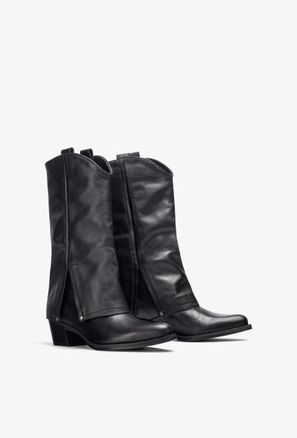 Black Leather Western Boots with Fold-Over Design