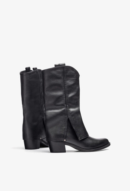 Black Leather Western Boots with Fold-Over Design