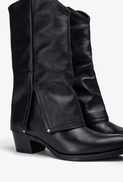Black Leather Western Boots with Fold-Over Design