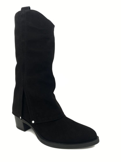 Black Suede Cowboy Boots with Side Rivets