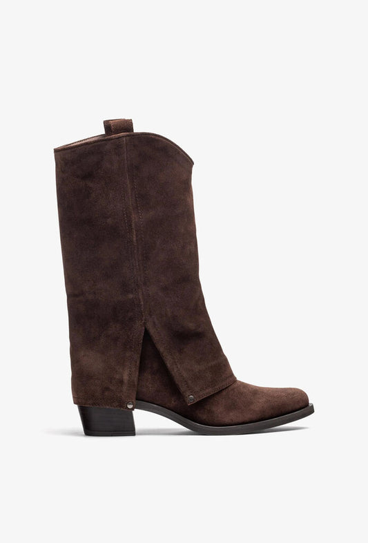 Brown Suede Mid-Calf Boot with Low Heel