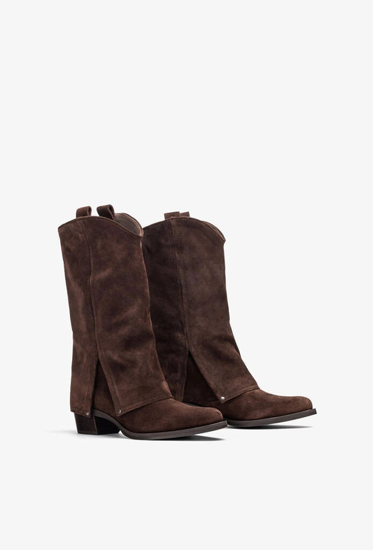Brown Suede Mid-Calf Boot with Low Heel