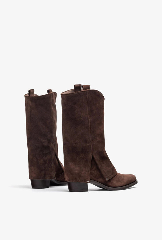 Brown Suede Mid-Calf Boot with Low Heel