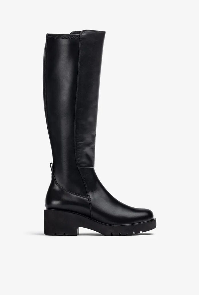 Black Leather Knee-High Boots with Chunky Heel