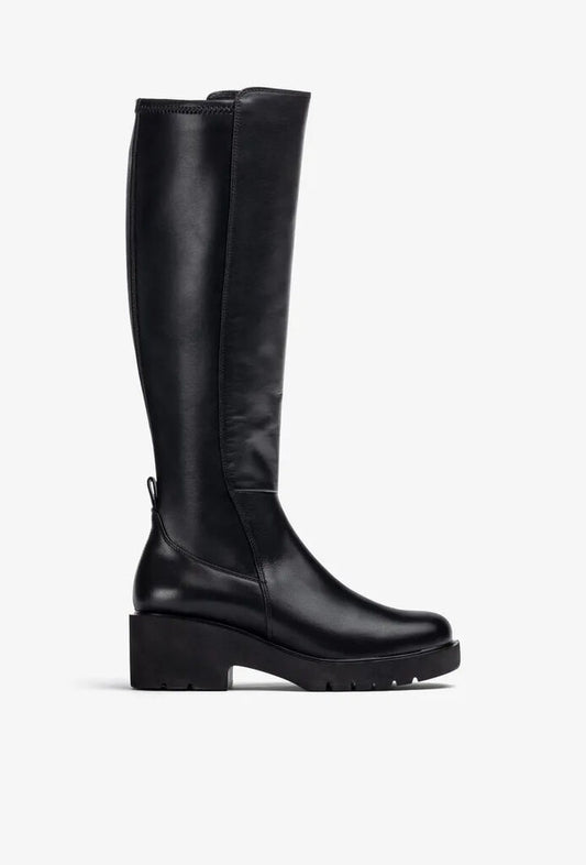 Black Leather Knee-High Boots with Chunky Heel