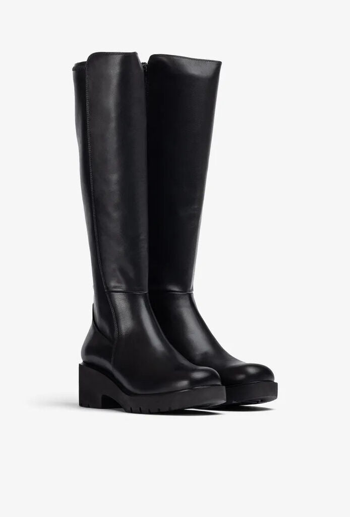Black Leather Knee-High Boots with Chunky Heel
