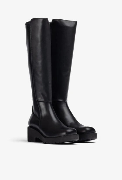 Black Leather Knee-High Boots with Chunky Heel