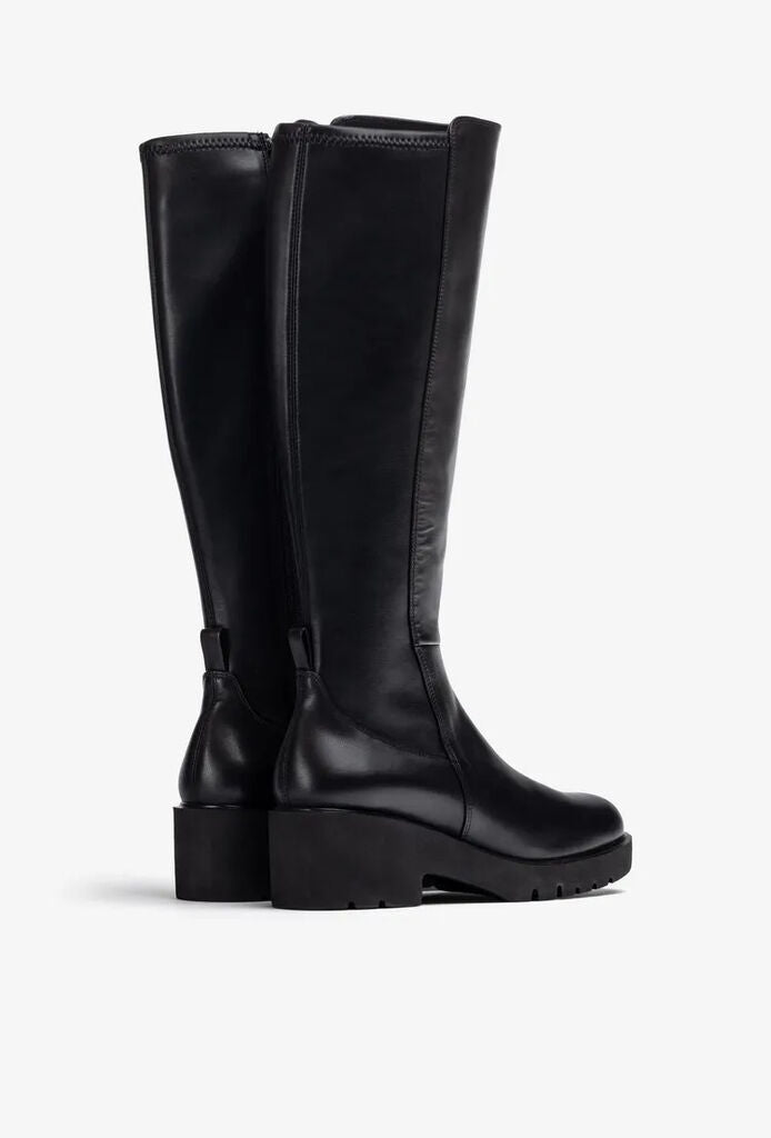 Black Leather Knee-High Boots with Chunky Heel