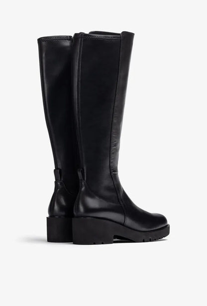 Black Leather Knee-High Boots with Chunky Heel