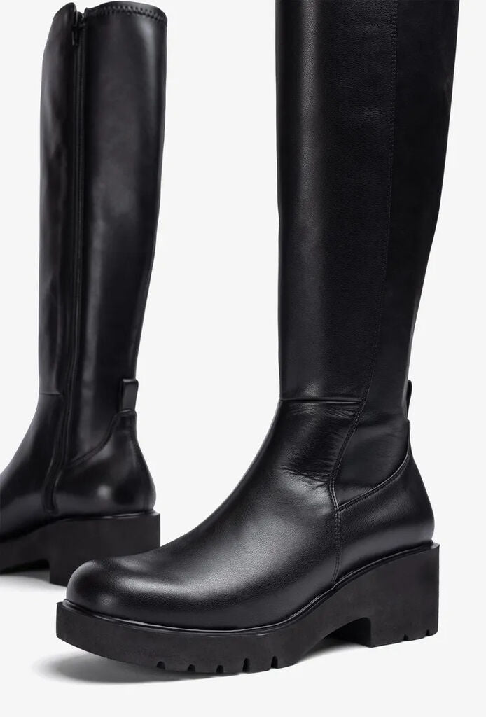 Black Leather Knee-High Boots with Chunky Heel