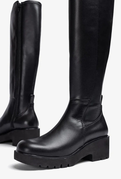 Black Leather Knee-High Boots with Chunky Heel
