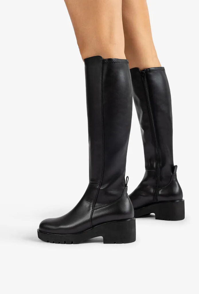 Black Leather Knee-High Boots with Chunky Heel