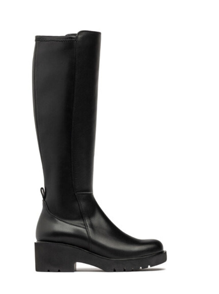 Black Leather Knee-High Boots with Chunky Heel