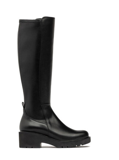 Black Leather Knee-High Boots with Chunky Heel