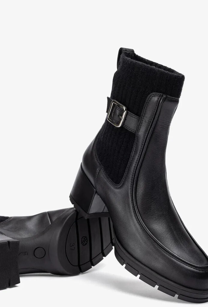 Black Textured Leather Ankle Boots with Buckle