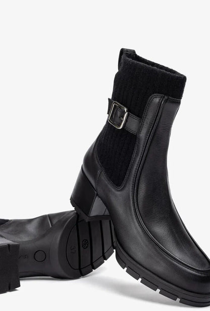 Black Textured Leather Ankle Boots with Buckle