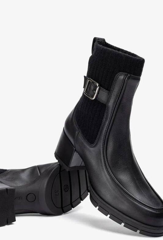 Black Textured Leather Ankle Boots with Buckle