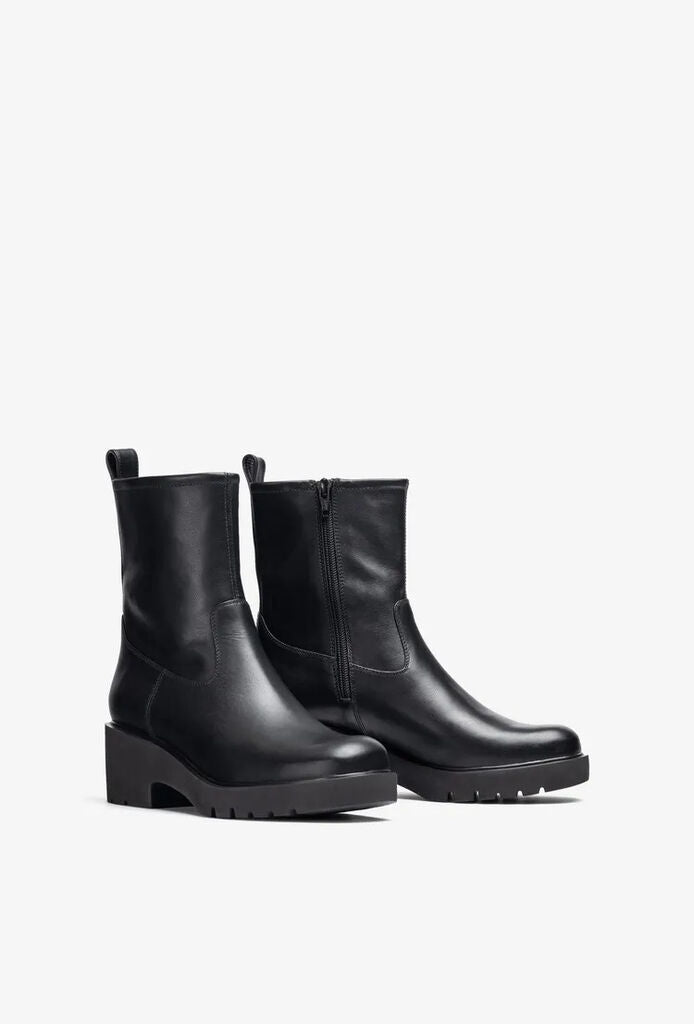 Black Leather Ankle Boots with Block Heel