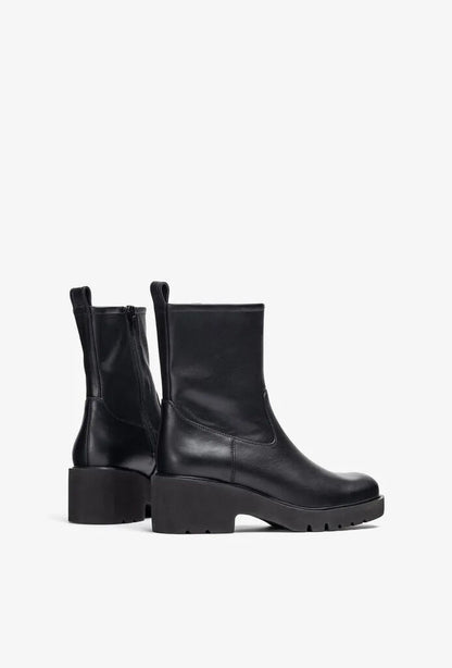 Black Leather Ankle Boots with Block Heel