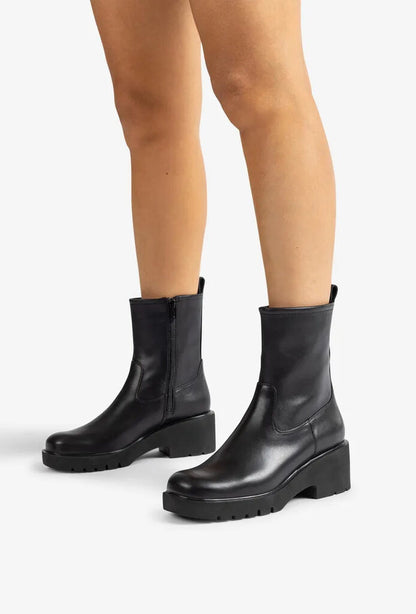 Black Leather Ankle Boots with Block Heel