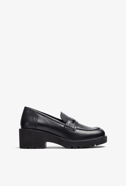 Black Leather Platform Loafers with Chunky Heel