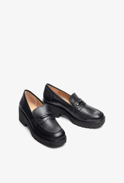 Black Leather Platform Loafers with Chunky Heel