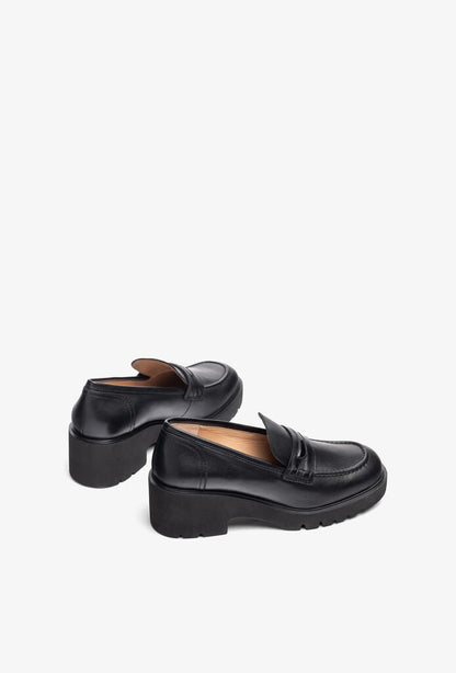 Black Leather Platform Loafers with Chunky Heel