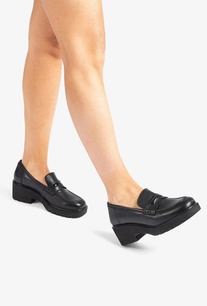 Black Leather Platform Loafers with Chunky Heel