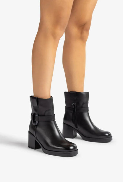 Black Leather Ankle Boots with Buckle Detail