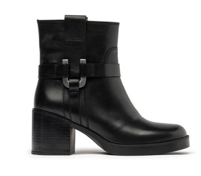 Black Leather Ankle Boots with Buckle Detail