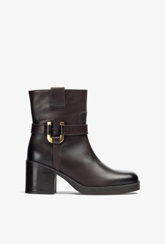 Dark Brown Leather Ankle Boots with Buckle Accent