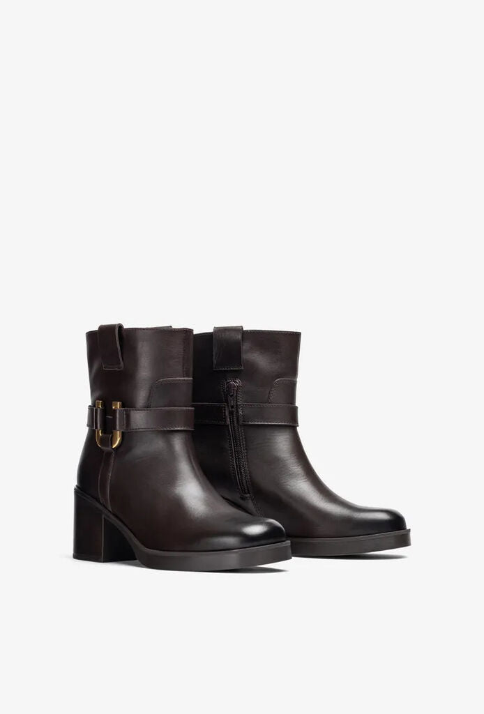 Dark Brown Leather Ankle Boots with Buckle Accent