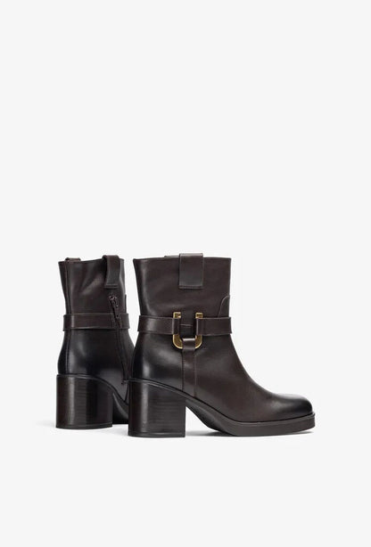 Dark Brown Leather Ankle Boots with Buckle Accent