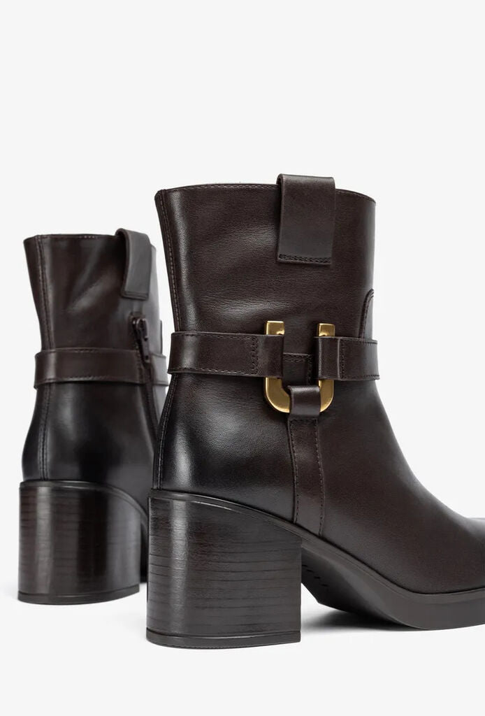 Dark Brown Leather Ankle Boots with Buckle Accent