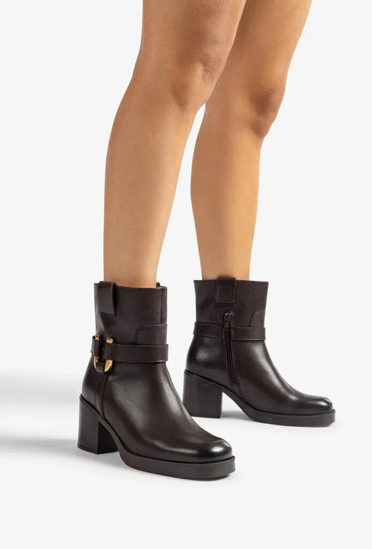Dark Brown Leather Ankle Boots with Buckle Accent